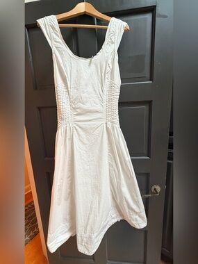 Anthropologie White Cap Sleeve Scoop Neck Midi Dress size large Cotton Smocked